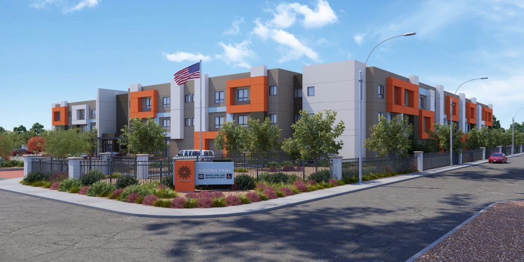 Exterior architectural rendering of Visions Park Apartments a modern three-story building with bold orange accent panels, mature trees, landscaped entry plaza, and the Visions Park sign at the corner of the property in Las Vegas, Nevada